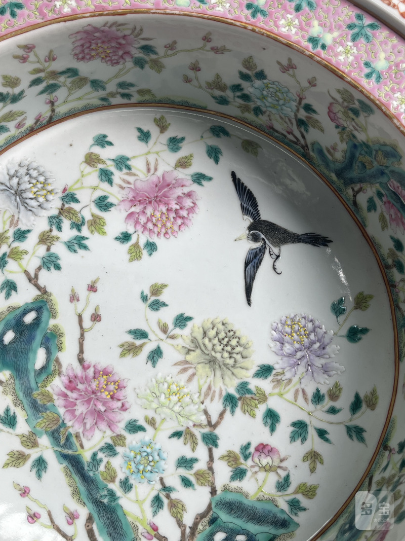 清中期  粉彩花鸟纹折沿洗 - 图12